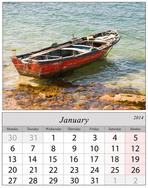 一月 2014年的日历。西班牙加利西亚的船. — 图库照片