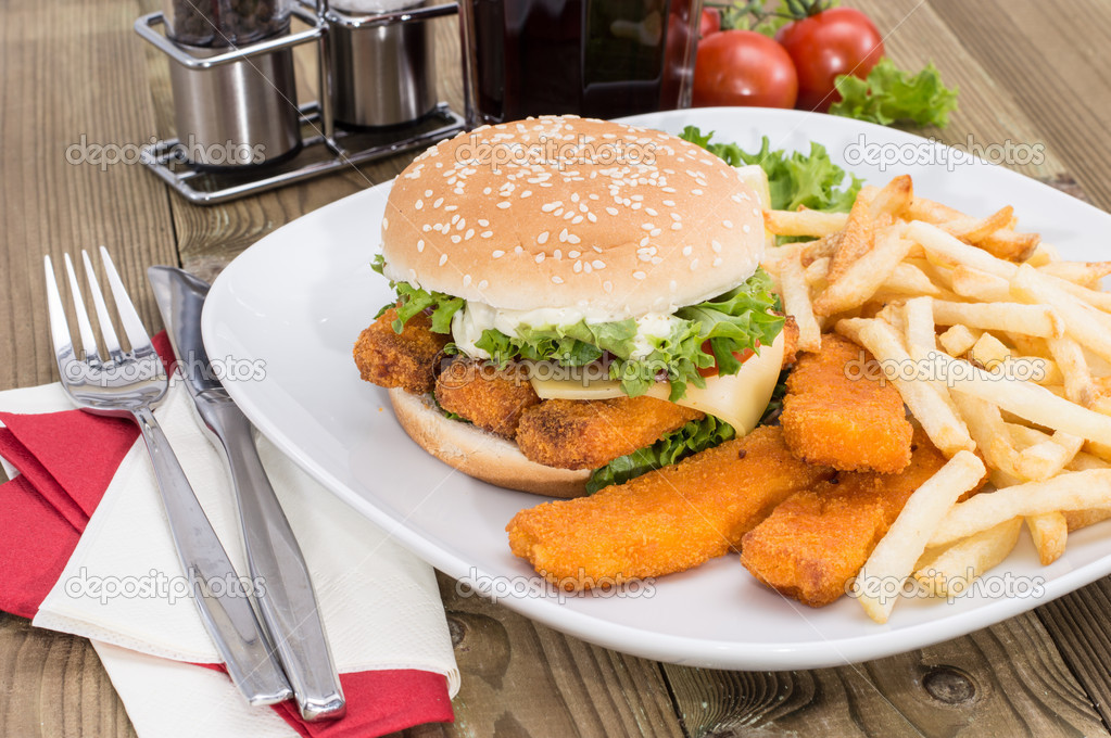 Fish Burger with Chips Stock Photo by ©HandmadePicture 12190498