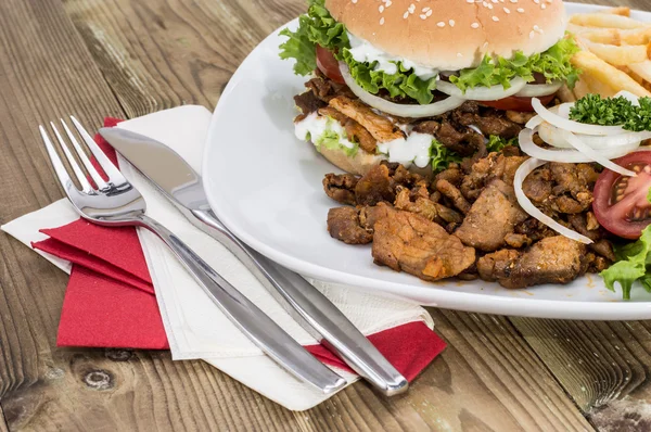 Kebab Burger with meat and Chips — Stock Photo, Image
