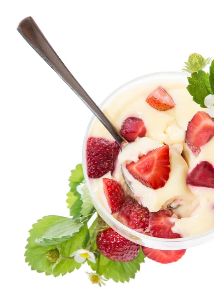Pudding with fresh fruits on white — Stock Photo, Image
