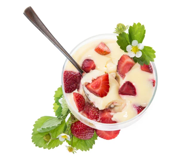Pudding with fresh fruits on white — Stock Photo, Image