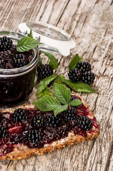 Wooden Table with Blackberry Jam — Stock Photo, Image