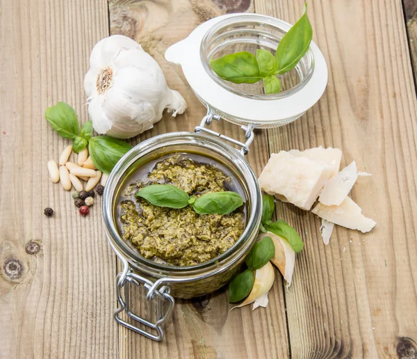 Glass with fresh made Pesto Sauce — Stock Photo, Image