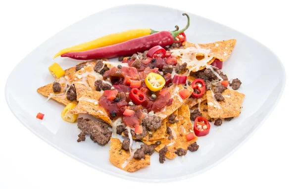 Nachos with Meat and Cheese on white — Stock Photo, Image