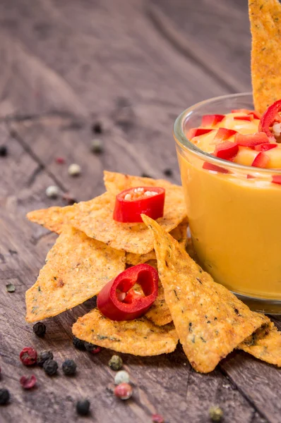 Fresh Cheese Sauce with Nachos — Stock Photo, Image