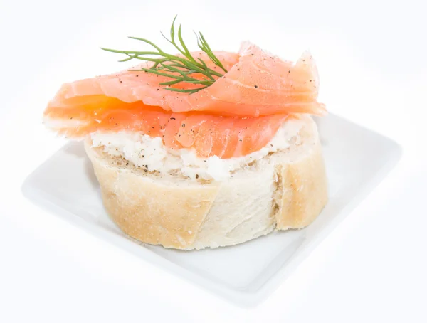 Baguette with Salmon on white — Stock Photo, Image