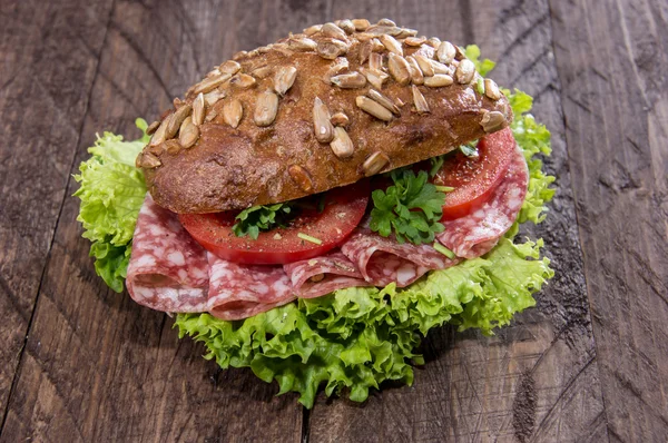 Fresh made Salami Sandwich on wood — Stock Photo, Image