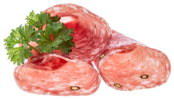 Salami slices isolated on white — Stock Photo, Image