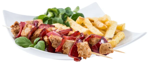 Portion of Skewer and French Fries on white — Stock Photo, Image