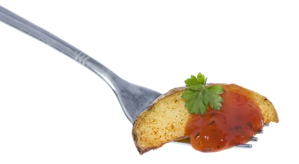 Potato Wedges on a fork (white) — Stock Photo, Image