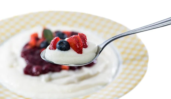 Semolina Pudding on a spoon (white) — Stock Photo, Image