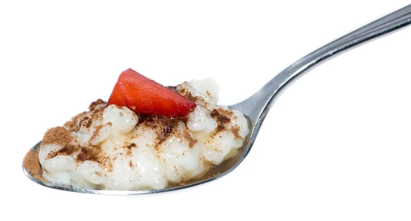 Cinnamon Rice Pudding on a spoon (white) — Stock Photo, Image