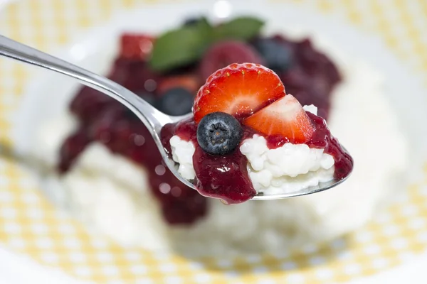 Rice Pudding with fruits on a spoon — Stock Photo, Image