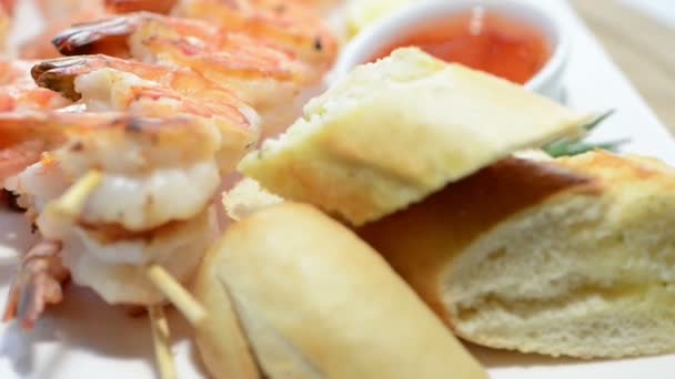 Fresh made Tiger Prawn on a Skewer — Stock Video