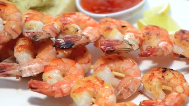 Fresh made Tiger Prawn on a Skewer — Stock Video