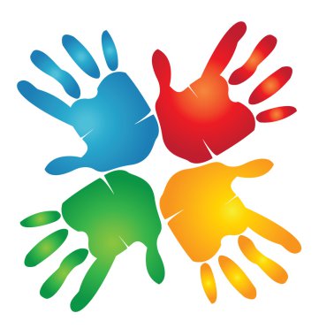 Teamwork hands around colorful logo clipart