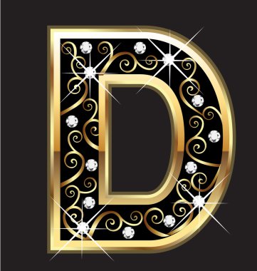 D gold letter with swirly ornaments