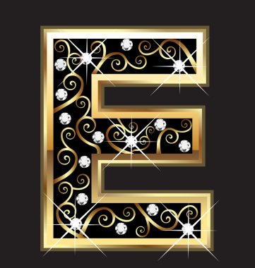 E gold letter with swirly ornaments