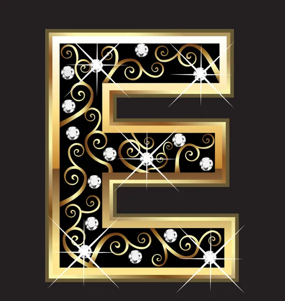 E золотая буква с крутящимися орнаментами — стоковый вектор