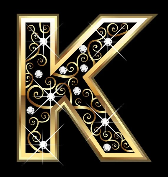 Huruf emas K dengan vektor ornamen berputar - Stok Vektor
