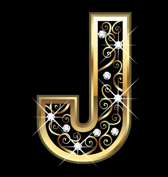 渦巻き模様の装飾品で j ゴールド文字 — ストックベクタ