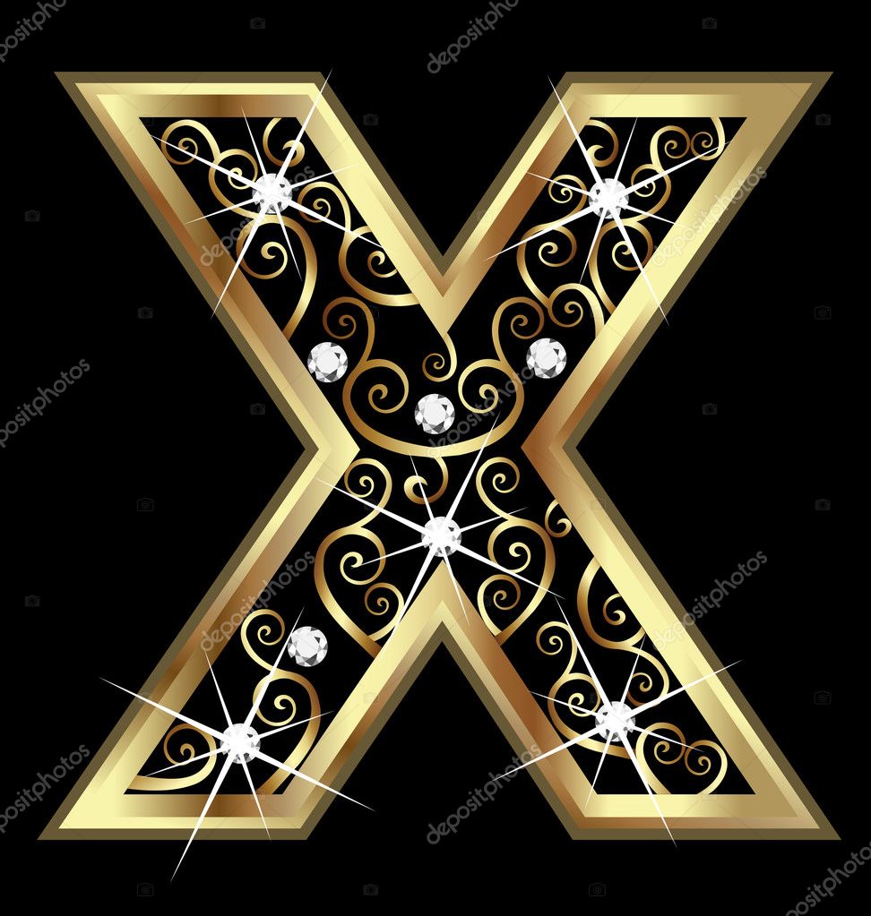 X gold letter with swirly ornaments