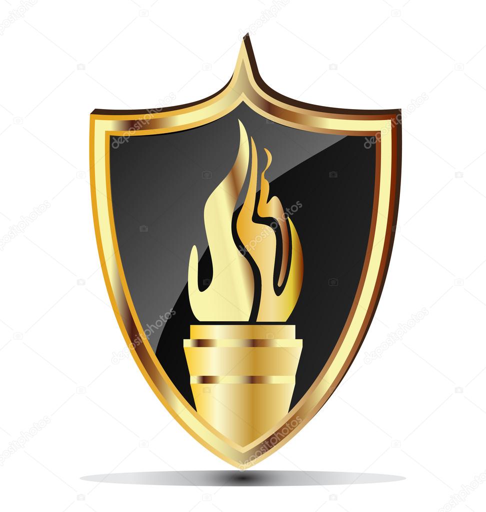 Shield and flame torch gold design vector