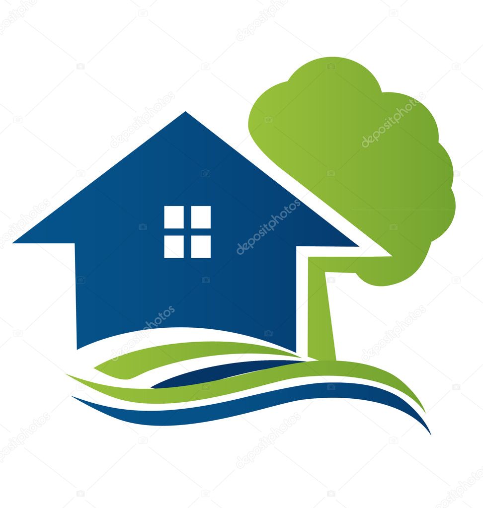 House with tree and waves logo vector