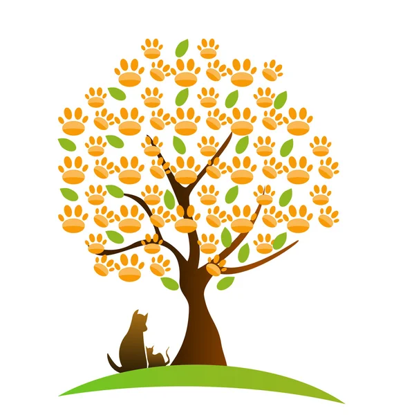 Kedi, köpek ve ayak izi ağaç logosu — Stok Vektör