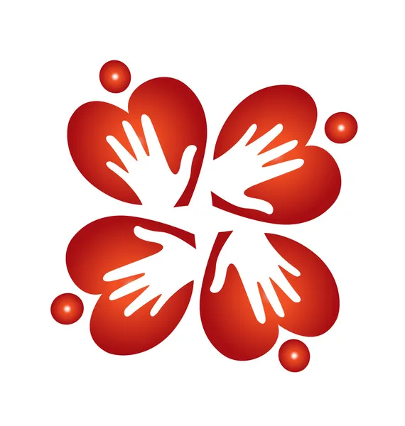 Logotipo de corações e mãos de trabalho em equipe —  Vetores de Stock
