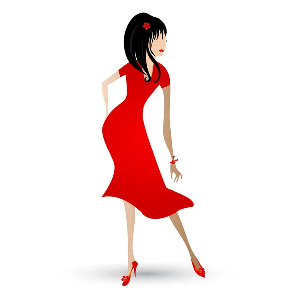 Girl in a model pose with elegant red dress — Stock Vector