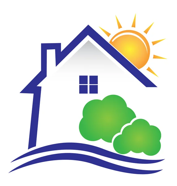 Casa sol e arbustos ícone logotipo —  Vetores de Stock
