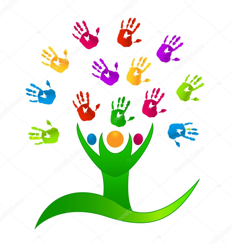 Persone di albero vettoriale con logo mani colorate — Vettoriale Stock