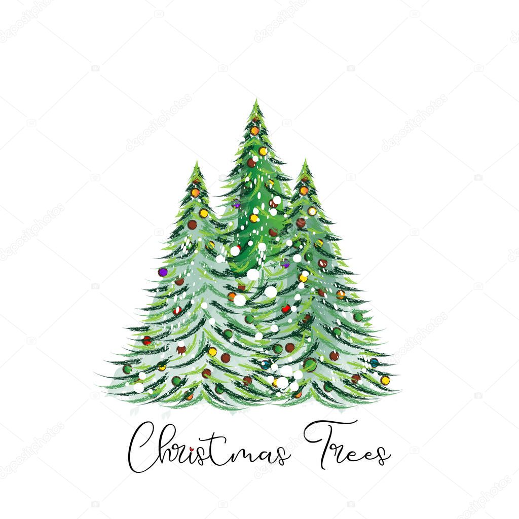 Christmas tree colorful garlands watercolor grunge style vector with modern script calligraphy lettering