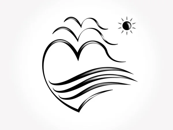 Logotipo Amor Coração Aves Ondas Oceano Praia Ícone Vetor Imagem — Vetor de Stock