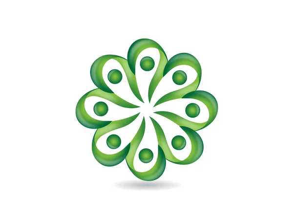 Logo Teamwork Unity Business Green Ecology People Flower Shape Icon — Vettoriale Stock
