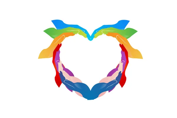 Mains Dans Coeur Amour Forme Diversité Coloré Gens Mains Logo — Image vectorielle
