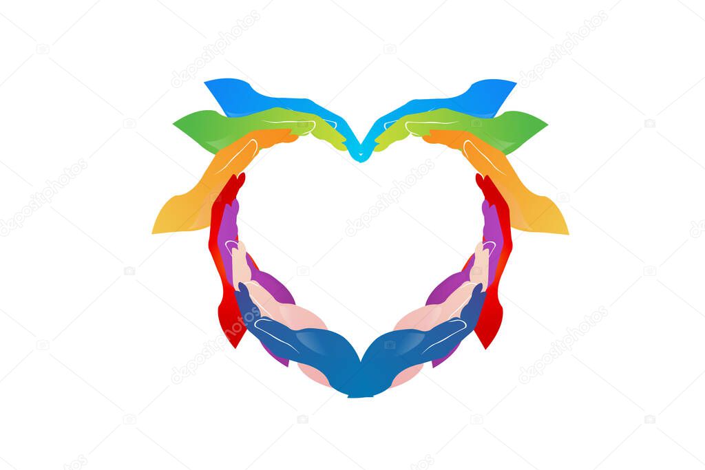 Hands in a love heart shape diversity colorful people hands logo vector web image template graphic design illustration