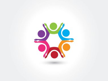 Logo takım çalışması birliği işi. Altı kişi renkli simge logoti vektör web resmi tasarımı