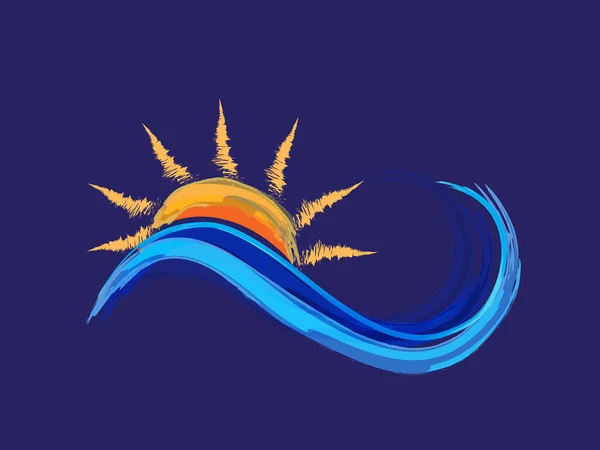 Logo Sonne Und Blaue Wellen Meer Strand Wirbel Aquarell Vektor — Stockvektor