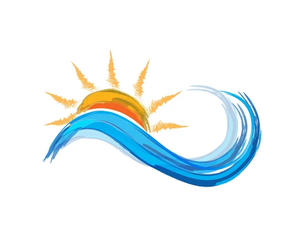 标志太阳和蓝色波浪海滩涡旋水彩图像模板 — 图库矢量图片