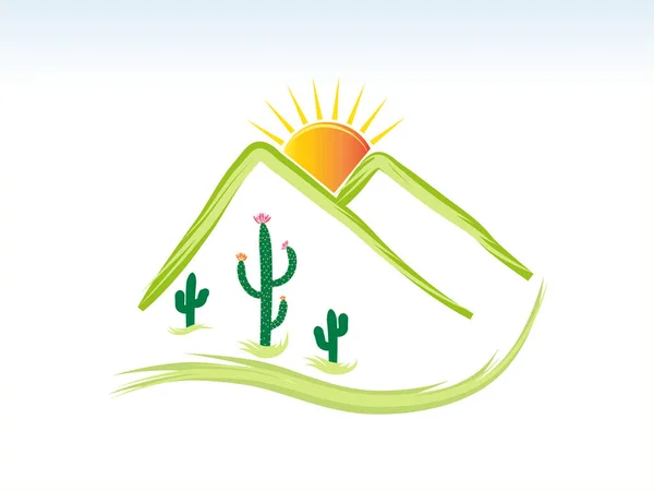Cactus Flor Deserto Terra Árida Montanhas Cactos Florais Logotipo Sol —  Vetores de Stock