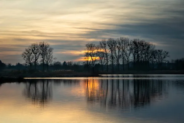 Sun Clouds Reflection Trees Water Stankow Poland — Stock Photo, Image