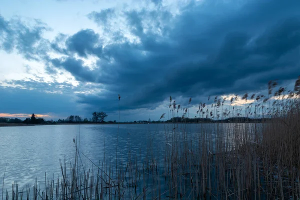 Nuvem Escura Sobre Lago Com Juncos Stankow Lubelskie Polônia — Fotografia de Stock