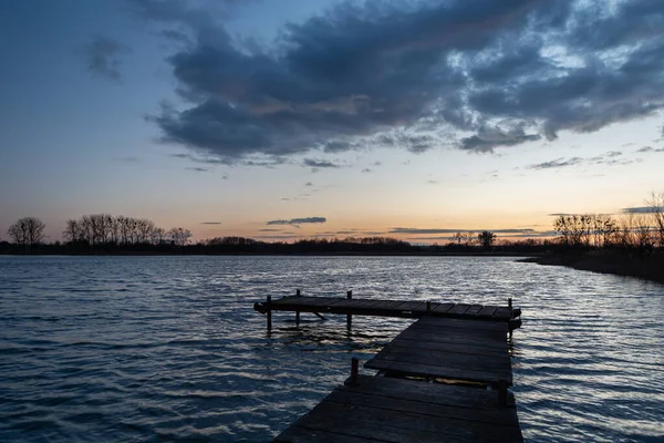 Wooden Pier Lake Evening Sky Stankow Poland — Fotografia de Stock