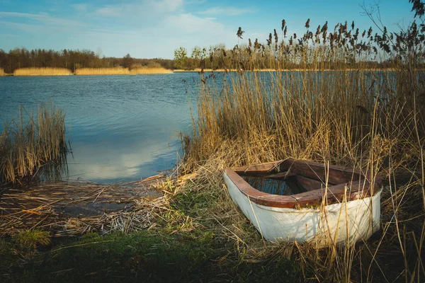 Barco na grama na margem do lago — Fotografia de Stock