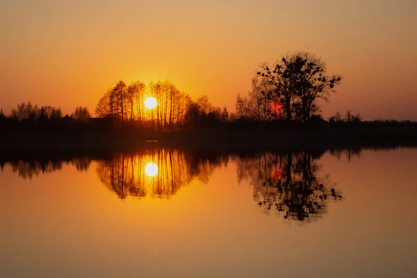 Reflection Water Sunset Trees Spring Evening View — Φωτογραφία Αρχείου