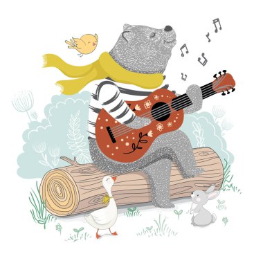 Gitar çalan bir ayının etrafta hayvanlarla oturduğu sevimli çizgi film çizimi.