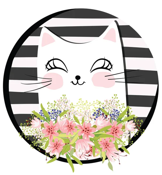 Lindo Gato Con Flores Hojas — Archivo Imágenes Vectoriales