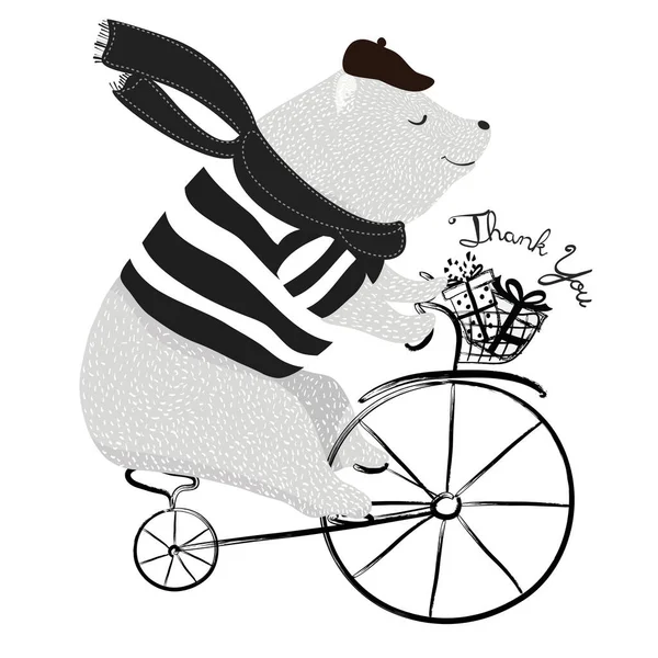 Bonito Desenho Animado Urso Equitação Vintage Bicicleta Vetor Ilustração —  Vetores de Stock